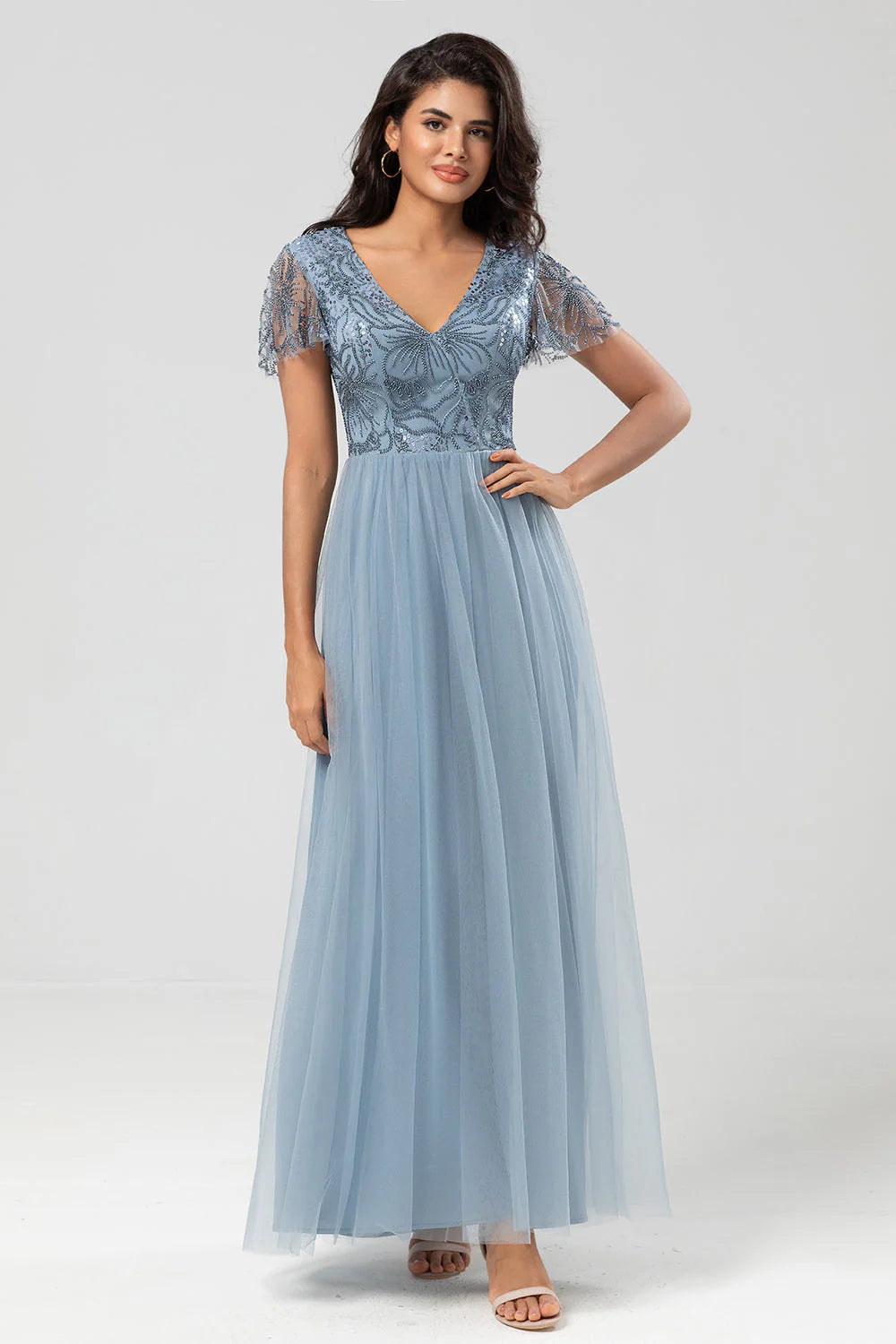 Confidently Charismatic A Line V Neck Dusty Blue Long Mother of the Bride Dresses